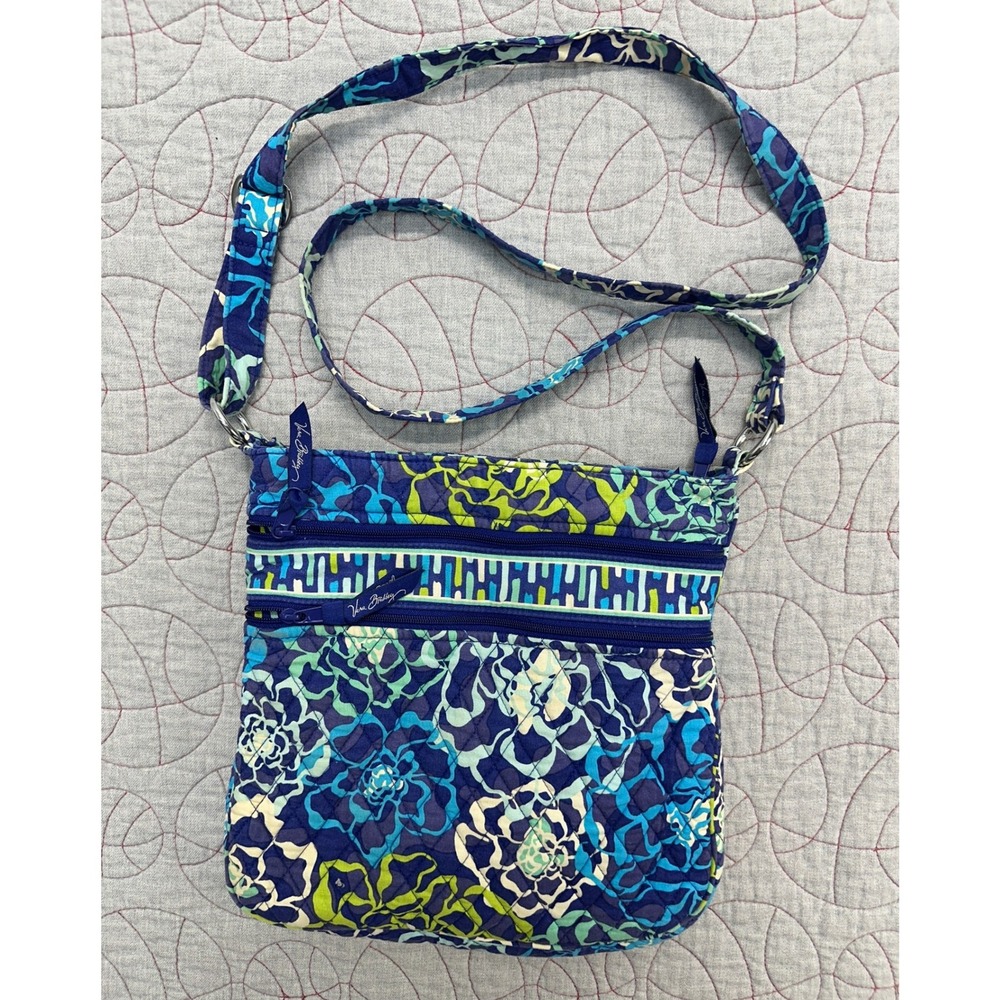 Vera Bradley Triple Zip Hipster Blue Green Floral Quilted Crossbody Bag